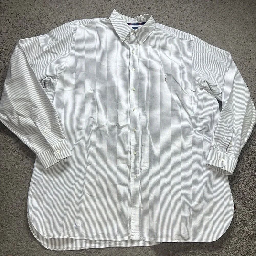 Ralph Lauren Shirt Mens 2XLT White Striped Classic Polo Long Sleeve Flesh Pony‎